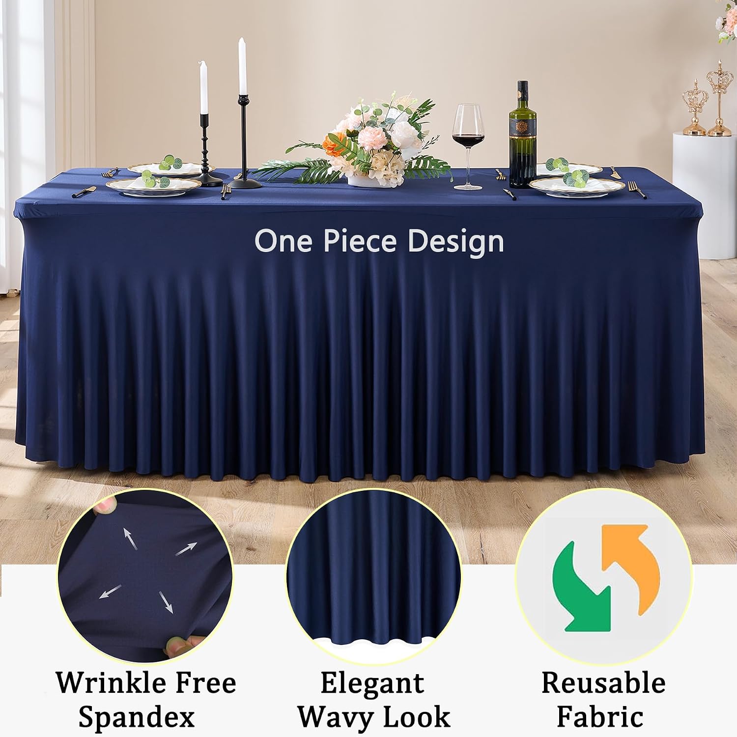 2 Pack Navy Blue Spandex Tablecloths for 8 Foot Rectangle Tables, Wrinkle Free Fitted Table Cloths 8ft Stretchy Table Cloth Covers with Skirt for Parties Weddings Birthday Banquet Baby Shower