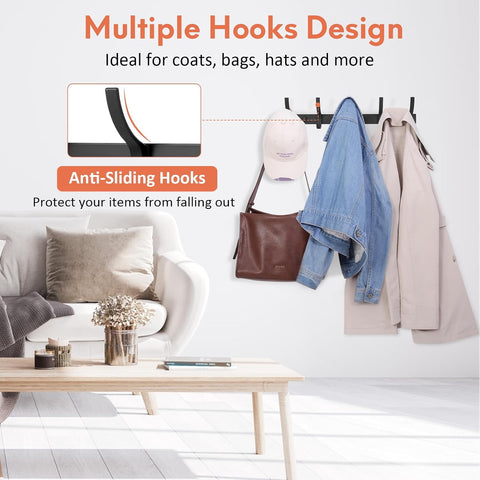 Optish Coat Rack Wall Mount, Coat Hook Wall Mount, Wall Hooks for Hanging, Hat Rack for Walls, Coats Hanger with 10 Hook, Towel Hooks for Bathrooms (2 Pack, Black)