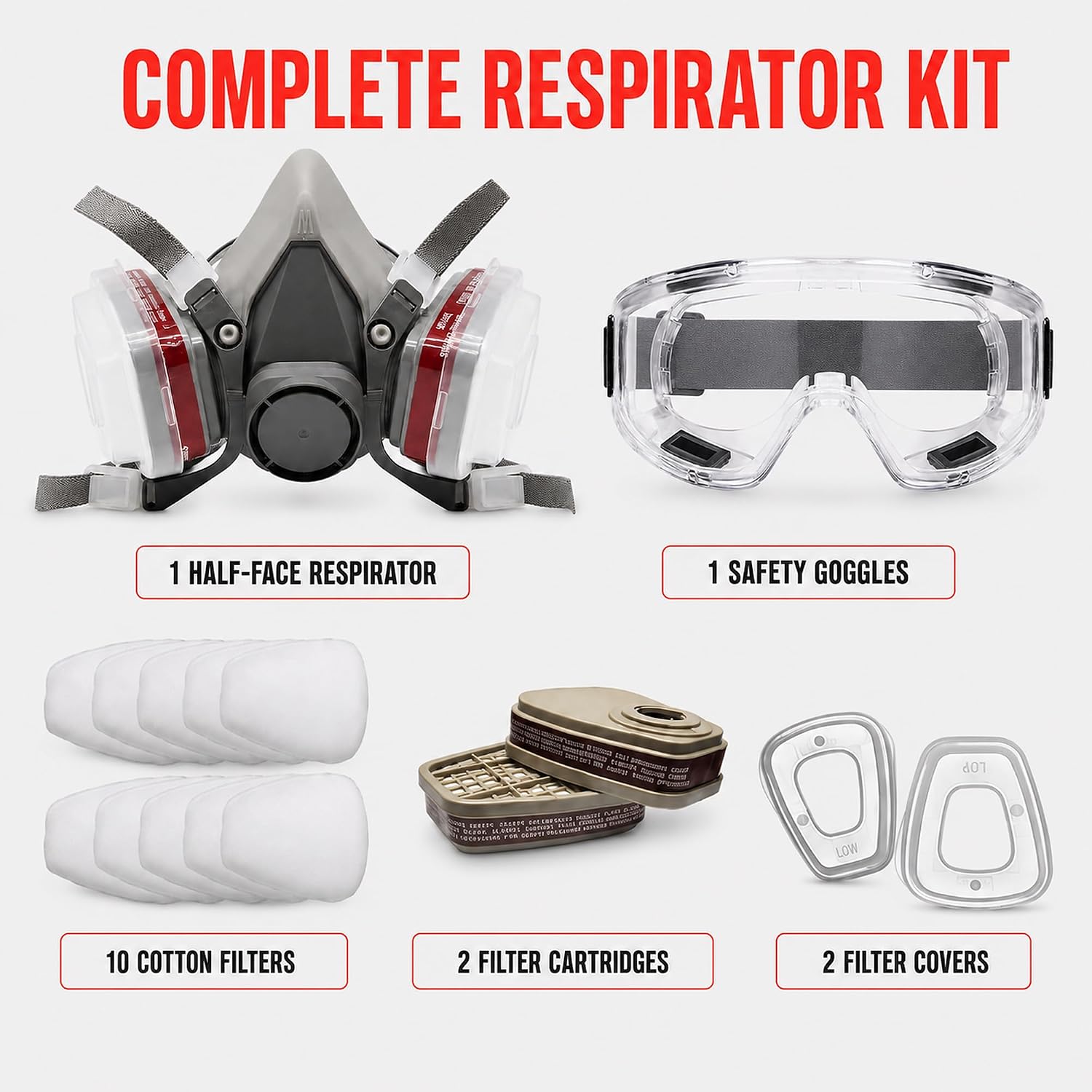LAUCO Premium Respirator Kit - Reusable Half Face Cover Set with Safety Glasses for Gas, Painting, Machine Polishing, Staining, Car Spraying, Sanding & Cutting, DIY and Other Work Protection