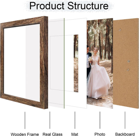iRahmen 11x14 Picture Frame Set of 4 with Tempered Glass, Rustic Frame Display 8x10 Pictures with Mat or 11 x 14 Without Mat, Wooden Photo Frames for Wall Mounting