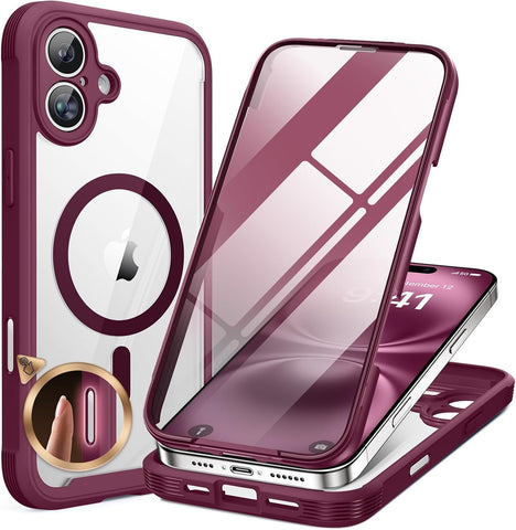 Miracase for iPhone 16 Case 6.1'', [Bubble Free] Full-Body Bumper Phone case with Built-in Full Glass Screen &Lens Protector,No Gap,Compatible with MagSafe,Drop Proof 16 Cover, Plum