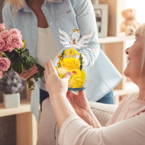 Gifts for Women Preserved Rose Forever Flower in Glass Angel Figurines Fresh Flowers for Delivery Prime Mothers Day Birthday Gifts for Mom Real Yellow Roses for Grandma Sister Wife Her from Daughter