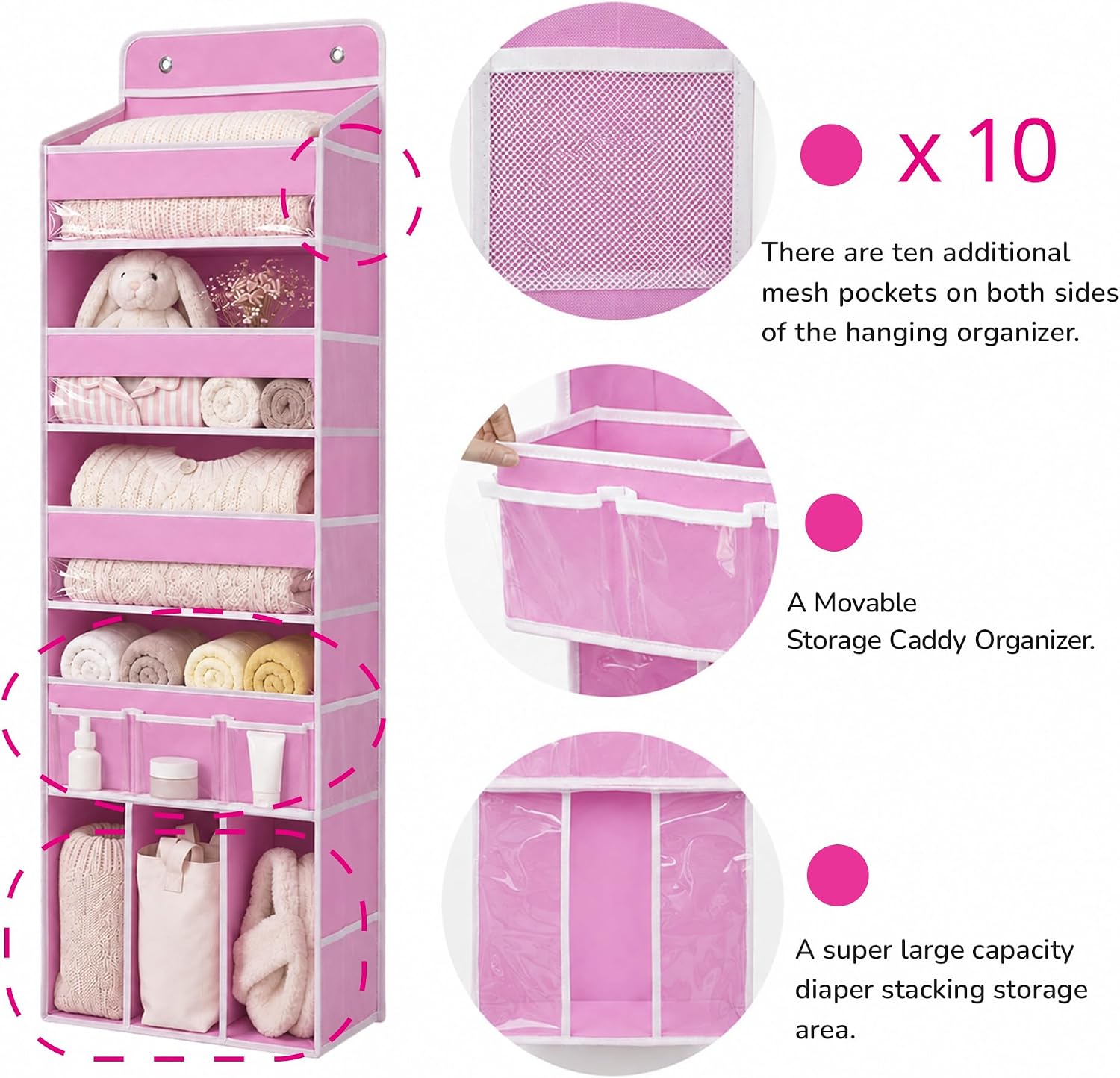 Door Hanging Storage Organizer with 3Bins1 Movable Baby Diaper Caddy,1Large capacity diaper stacking storage Organizer,10Side Pockets,Suitable to Store All Items,Bedroom Nursery Essentials. (Pink)