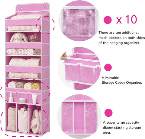 Door Hanging Storage Organizer with 3Bins1 Movable Baby Diaper Caddy,1Large capacity diaper stacking storage Organizer,10Side Pockets,Suitable to Store All Items,Bedroom Nursery Essentials. (Pink)
