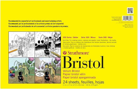Strathmore 300 Series Bristol Paper Pad, Smooth, Tape Bound, 11x14 inches, 20 Sheets (100lb/270g) - Artist Paper for Adults and Students - Markers, Pen and Ink