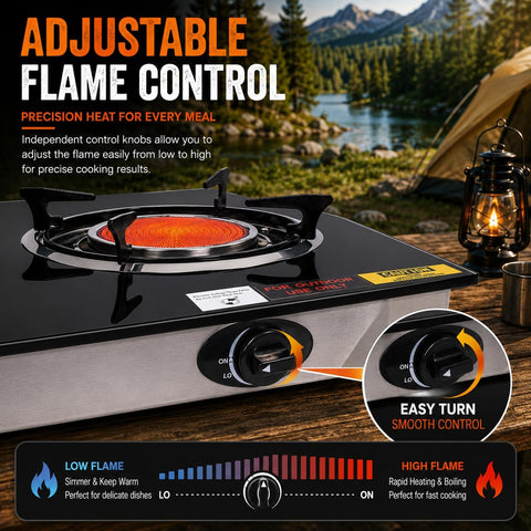 Barton Deluxe 40,000 BTU 2-Burner Propane Gas Stove, Outdoor Countertop Cooktop with Ceramic Infrared Burners, Auto Ignition LPG Camping Stove for BBQ, Tailgating & Outdoor Cooking