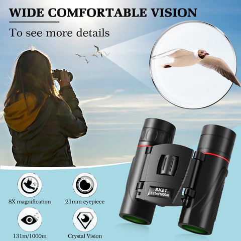 WRNRN 8x21 Mini Lightweight Binoculars, Compact Pocket Binocularsfor Adults Kids, Small Protable Binoculars for Bird Watching Travel Opera Theater Sports Scenery (Red)