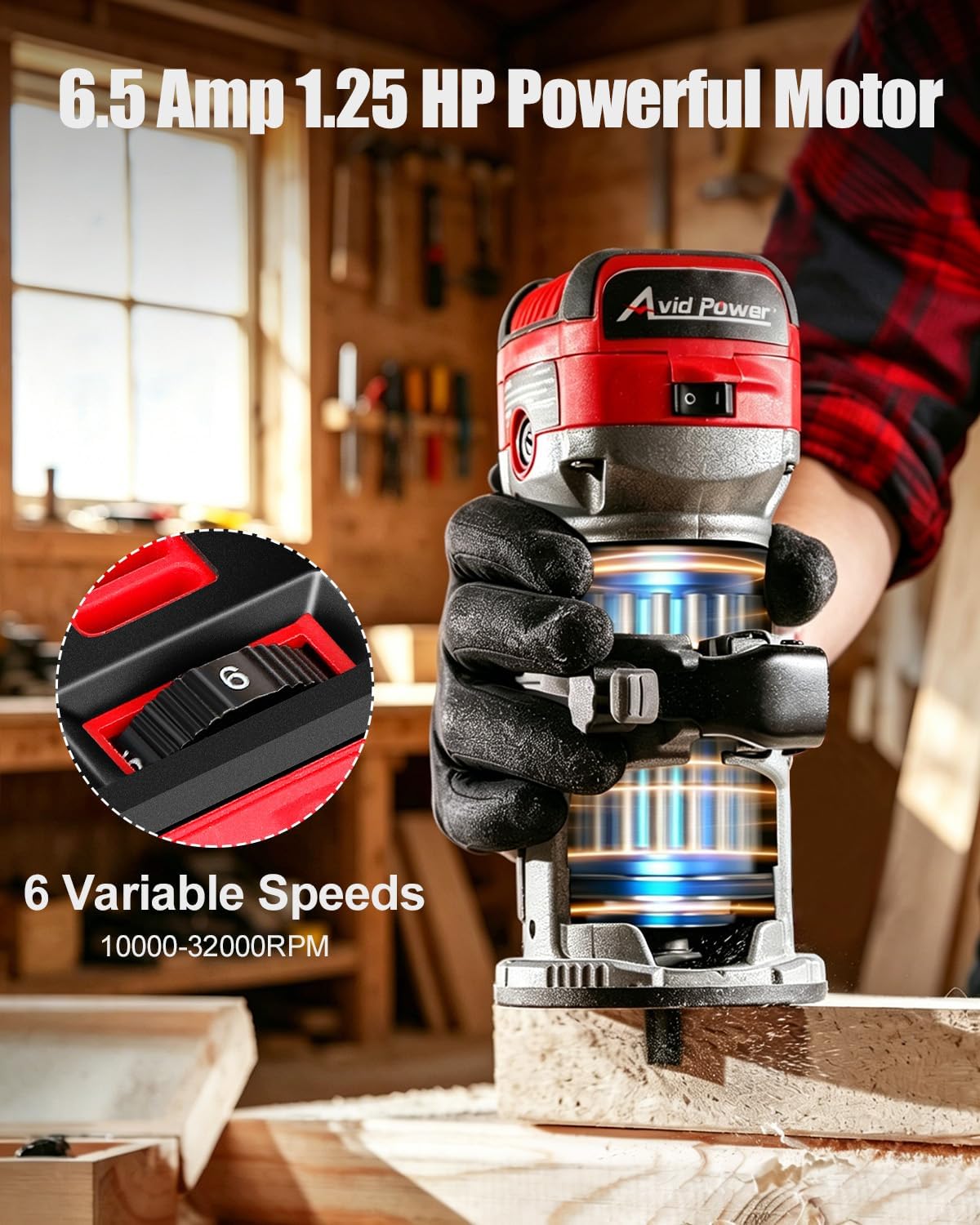 AVID POWER 6.5 Amp 1.25 HP Compact Router Tools for Woodworking, Fixed Base Wood Router with Trim Router Bits, 6 Variable Speeds, Edge Guide, Roller Guide, Dust Hood (Red, 65mm)