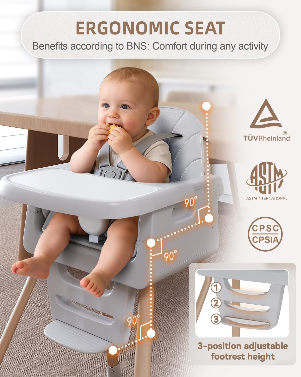 Baby High Chair for 6 Months+, Foldable High Chairs for Babies and Toddlers, Convertible High Chair, Adjustable Tray & Footrest, Portable High Chair & Easy to Clean(Grey with Wood Grain)
