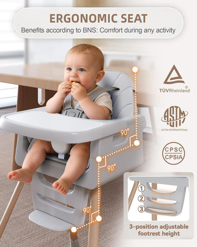 Baby High Chair for 6 Months+, Foldable High Chairs for Babies and Toddlers, Convertible High Chair, Adjustable Tray & Footrest, Portable High Chair & Easy to Clean(Grey with Wood Grain)