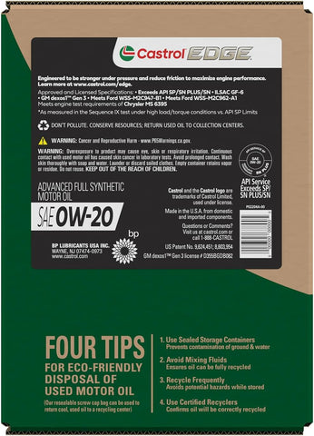 Castrol EDGE 0W-20 Advanced Full Synthetic Motor Oil, 5 Quarts, Eco Pack