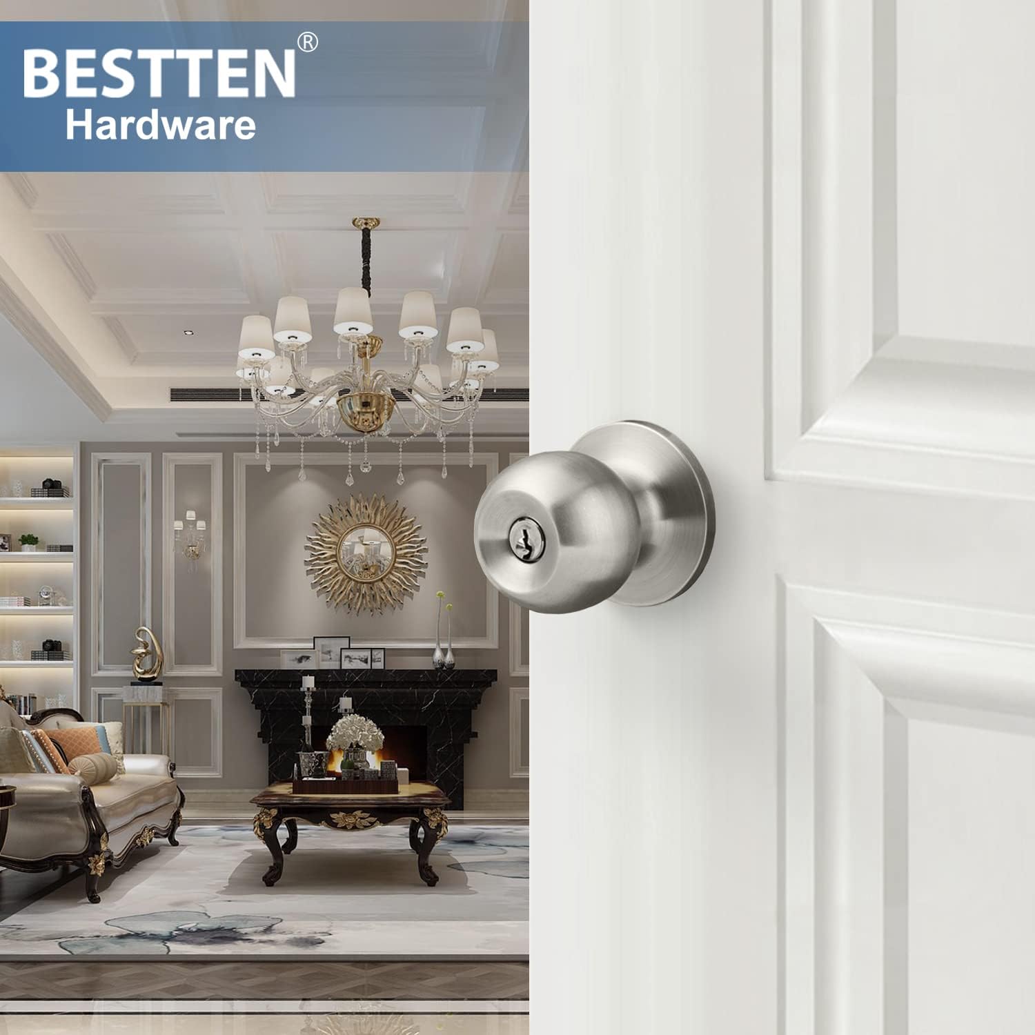 BESTTEN Keyed Entry Door Knob with Lock, Heavy Duty Interior and Exterior Door Lock, Standard Ball, Satin Nickel