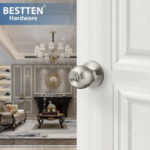 BESTTEN Keyed Entry Door Knob with Lock, Heavy Duty Interior and Exterior Door Lock, Standard Ball, Satin Nickel
