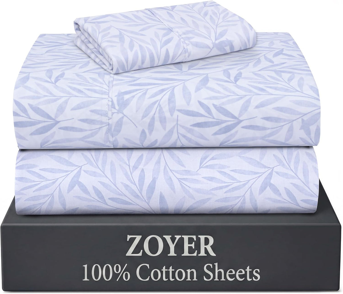 ZOYER 100% Cotton Twin Sheets, Percale Weave Twin Sheet Set, Blue Autumn
