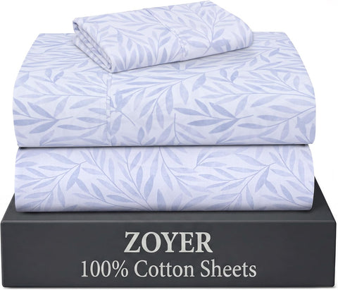 ZOYER 100% Cotton Twin Sheets, Percale Weave Twin Sheet Set, Blue Autumn