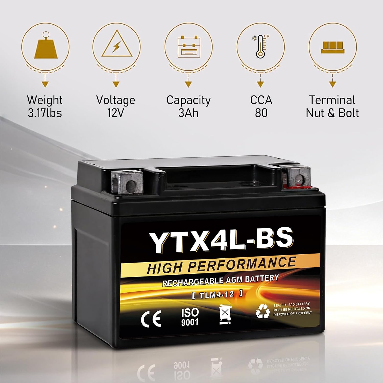 YTX4L-BS 12V 3Ah Sealed AGM Motorcycle Battery, Maintenance-Free, Compatible with Polaris Scrambler 90, Sportsman 90, Honda NQ50 Spree, Kawasaki KLX110, Yamaha TTR125E/LE, ATV & Scooter