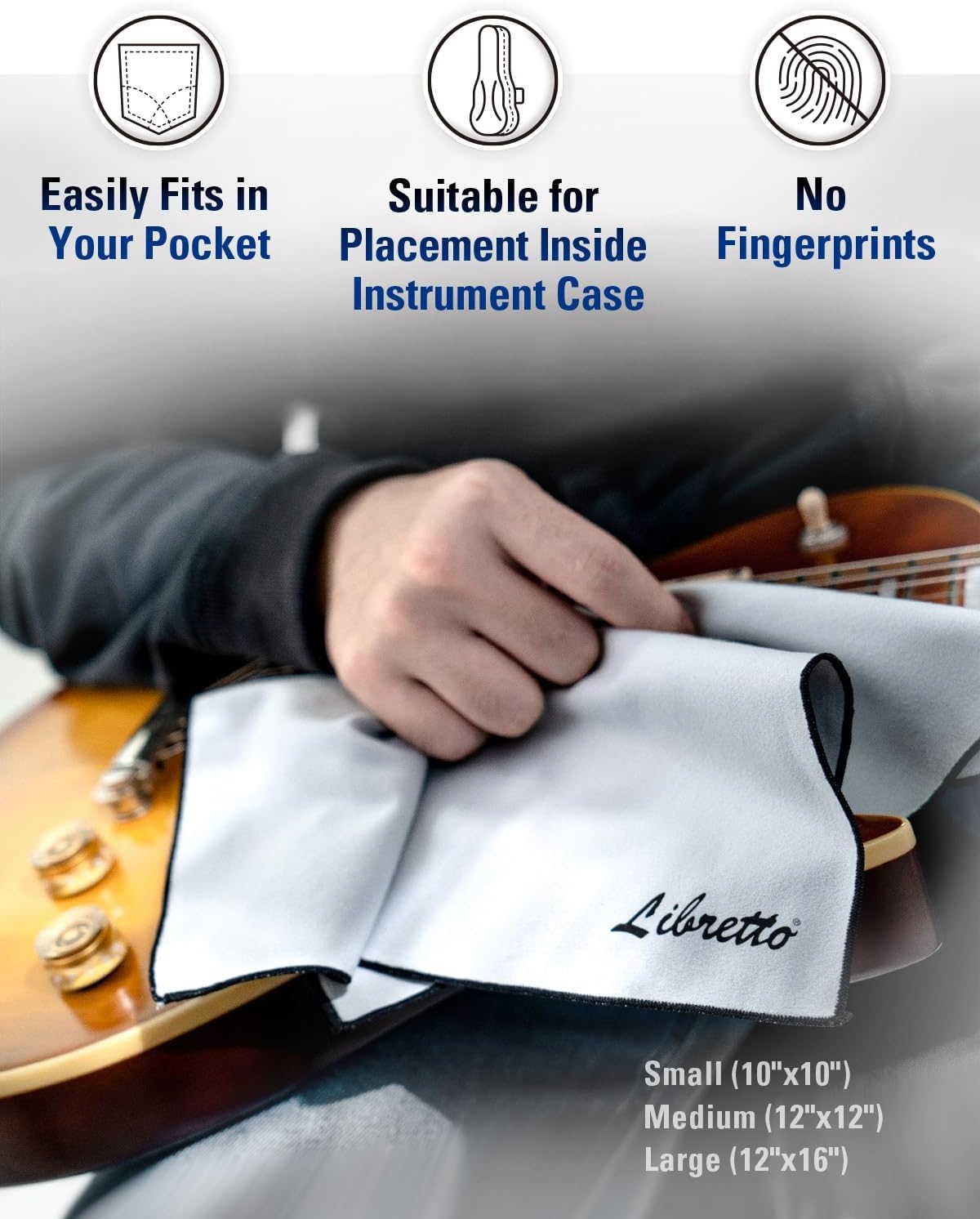 Libretto Microfiber Polish Cloth for Musical Instrument, 3 Sizes in 1 Pack, Guitar and Bass Cleaning Product, Gray, Lint-Free, Super Soft, Gift, for Piano, Violin, Ukulele, Trumpet, Saxophone, Laptop.