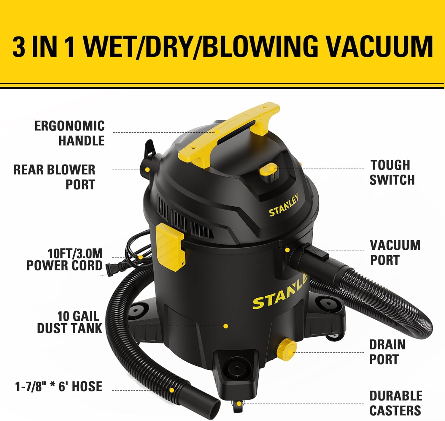 STANLEY 10 Gallon Wet Dry Vacuum, 6 Peak HP Poly Built-in Drain Shop Vac Blower with Powerful Suction, Multifunctional Shop Vacuum W/ 6 Horsepower Motor for Job Site, Garage, Basement, Van, Workshop