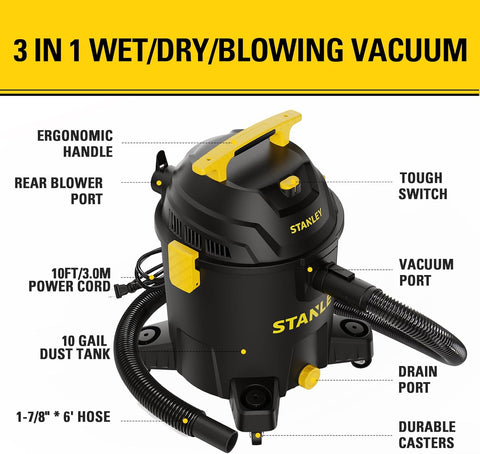 STANLEY 10 Gallon Wet Dry Vacuum, 6 Peak HP Poly Built-in Drain Shop Vac Blower with Powerful Suction, Multifunctional Shop Vacuum W/ 6 Horsepower Motor for Job Site, Garage, Basement, Van, Workshop