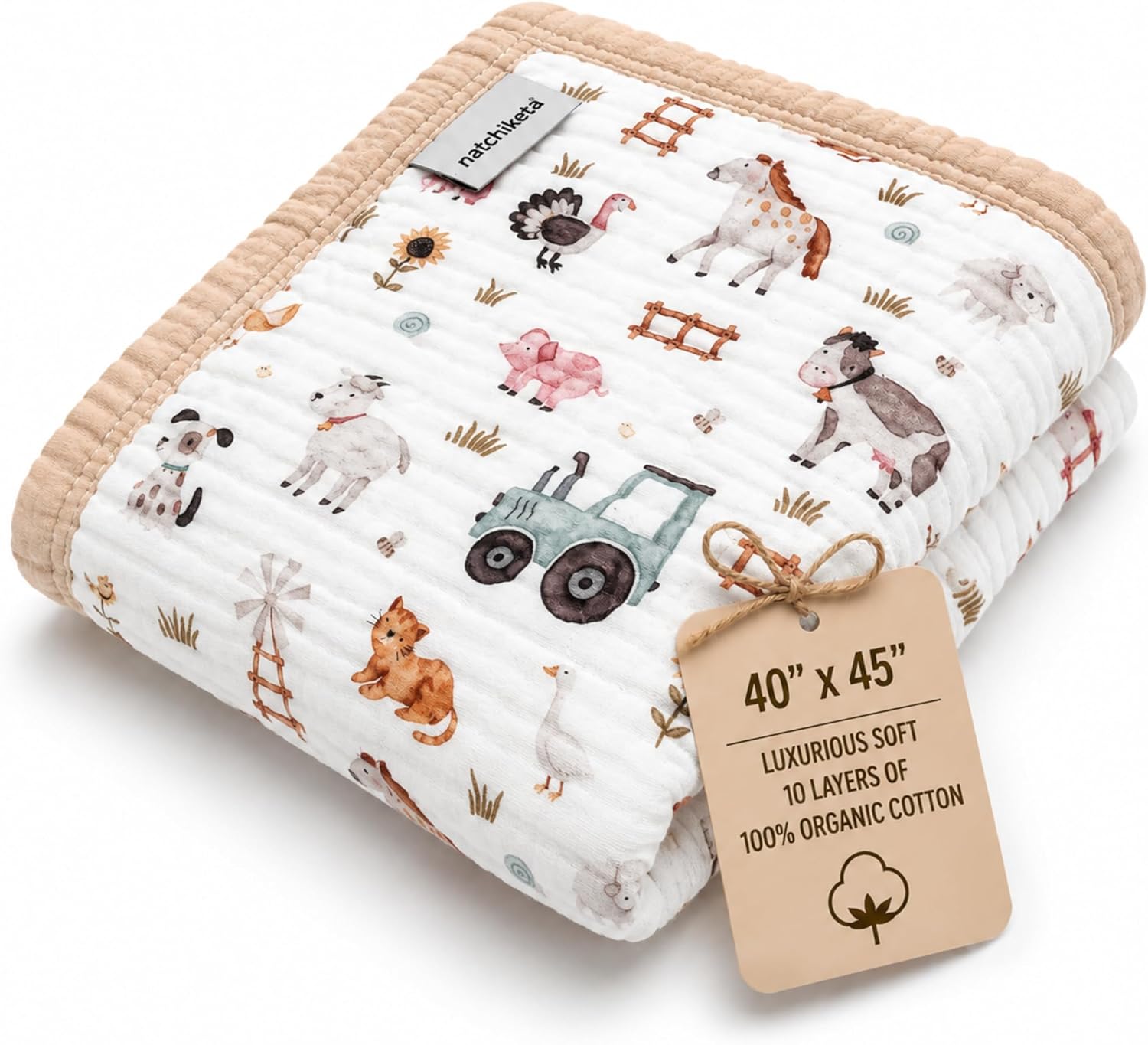 Organic Cotton Muslin Baby Blanket for Boys and Girls - Luxurious Soft Toddler Quilt for Swaddling - Gender Neutral Blanket - Baby and Toddler Gift - Farm