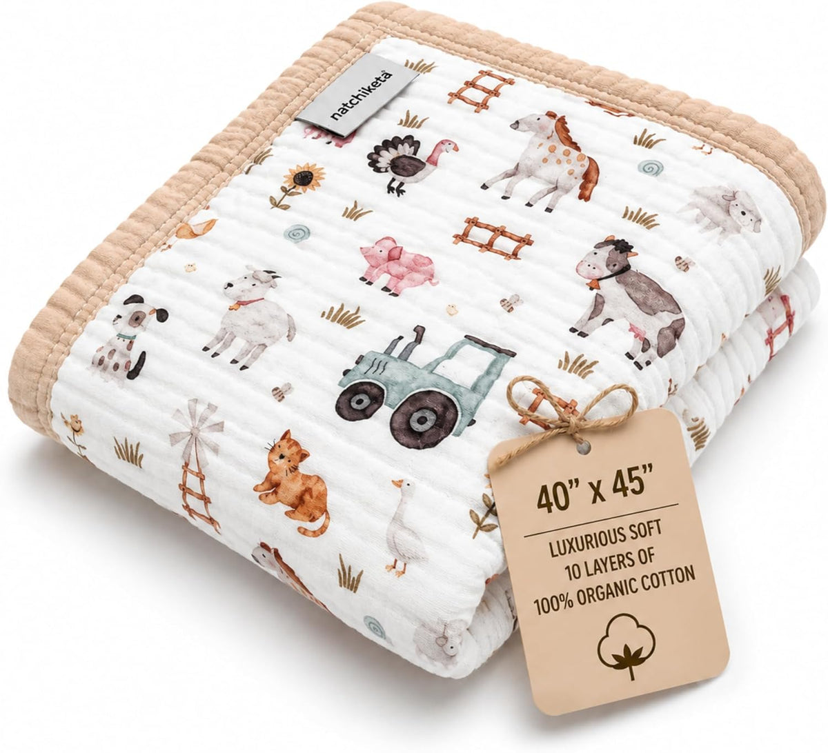 Organic Cotton Muslin Baby Blanket for Boys and Girls - Luxurious Soft Toddler Quilt for Swaddling - Gender Neutral Blanket - Baby and Toddler Gift - Farm