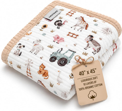 Organic Cotton Muslin Baby Blanket for Boys and Girls - Luxurious Soft Toddler Quilt for Swaddling - Gender Neutral Blanket - Baby and Toddler Gift - Farm