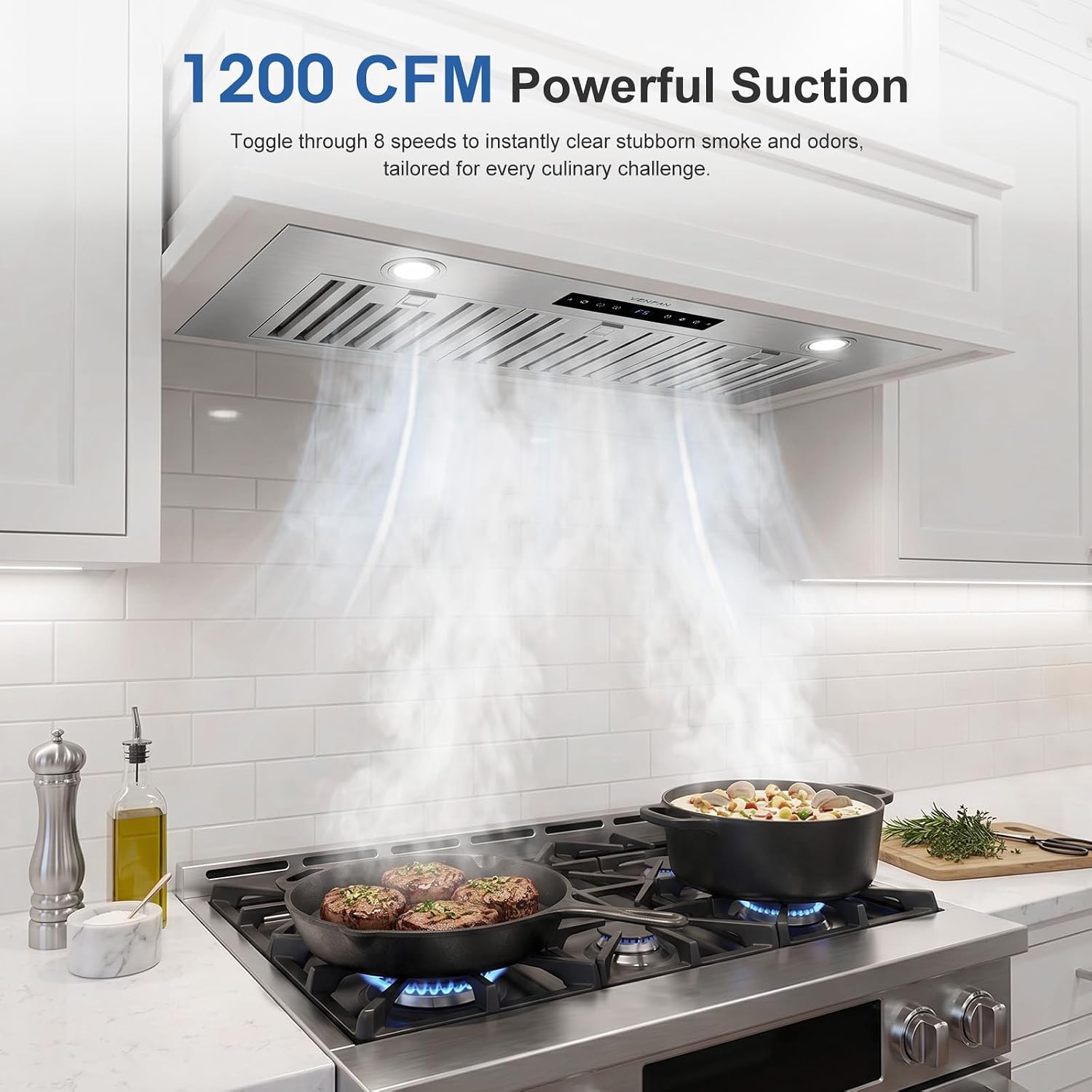 36-Inch 1200 CFM Range Hood Insert, Built-in Vent Hood for Custom Wood or Metal Shell, Professional Quiet Brushless Motor, 8-Speed Gesture & Touch Control, Ducted/Ductless Convertible