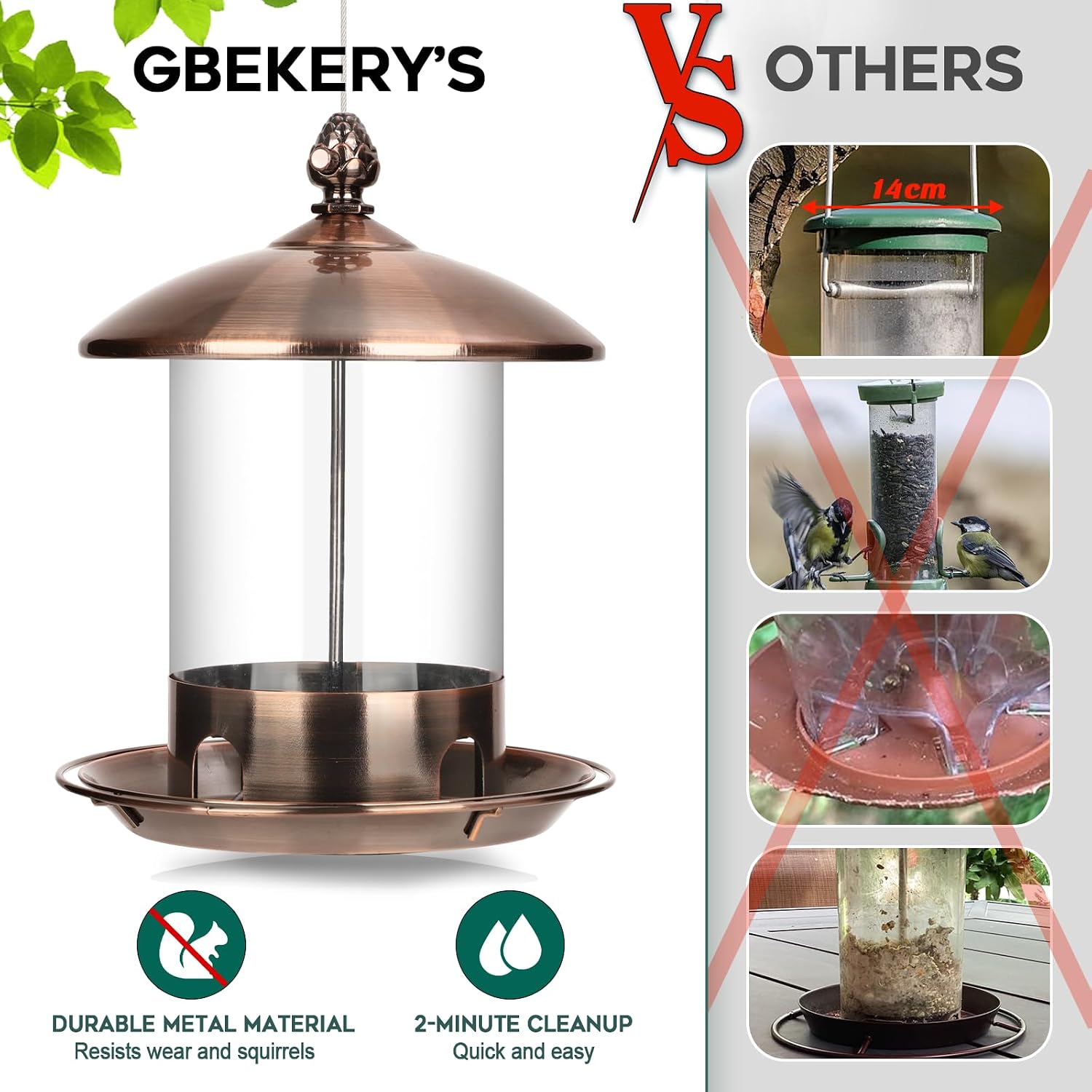 Gbekery Metal Bird Feeders for Outdoors Hanging, 360° Feeding Tray, Copper