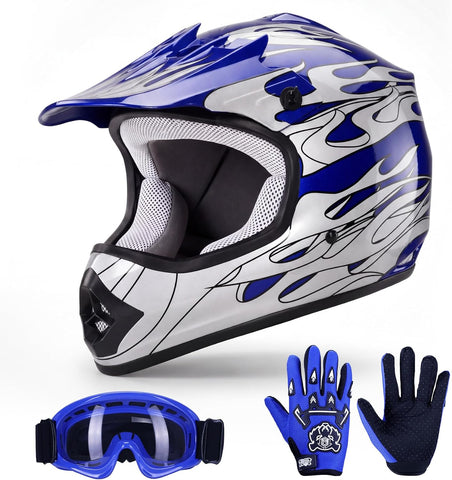 TCT-MOTORPARTS DOT Kids Youth Motocross Helmets ATV Off-Road Dirt Bike Motorcycle Full Face Blue Flame Helmet+Gloves+Goggles Large