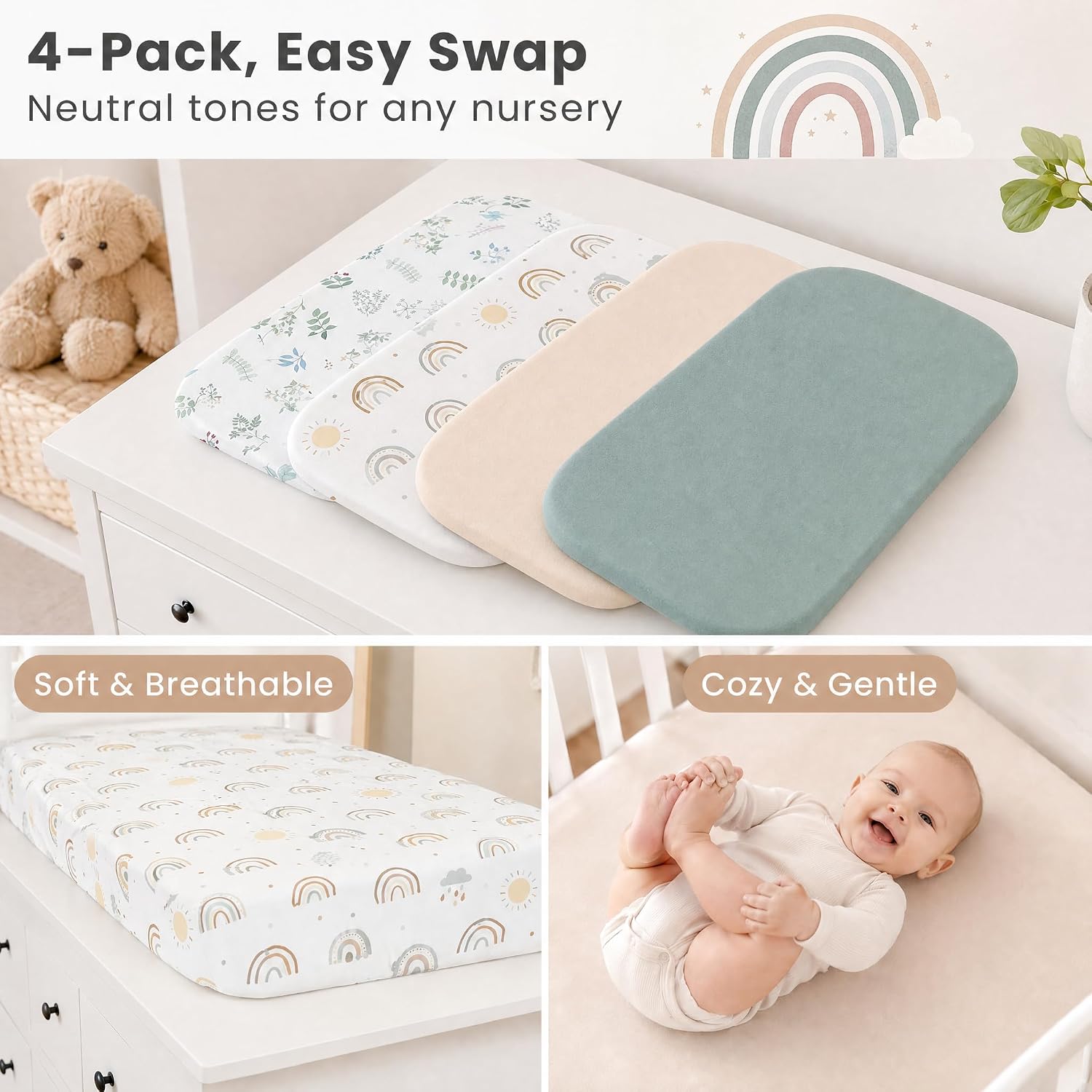 4 Pack Bassinet Sheets (20" x 33"), Compatible with Angelbliss, YADAQE, Maxi-COSI Iora/Swift, Pamobabe, BIERUM and Papablic Baby Bassinet, Soft and Skin-Friendly, Mint Green and Color Rainbow