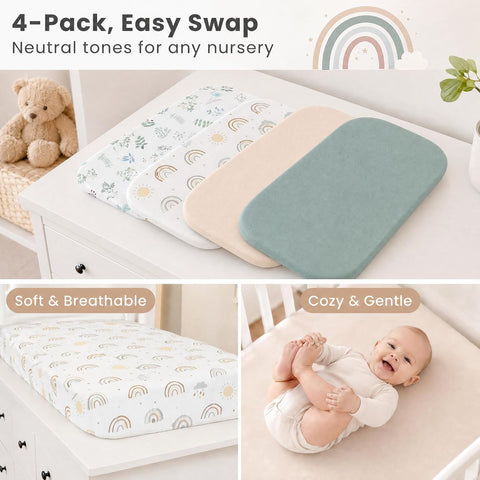 4 Pack Bassinet Sheets (20" x 33"), Compatible with Angelbliss, YADAQE, Maxi-COSI Iora/Swift, Pamobabe, BIERUM and Papablic Baby Bassinet, Soft and Skin-Friendly, Mint Green and Color Rainbow