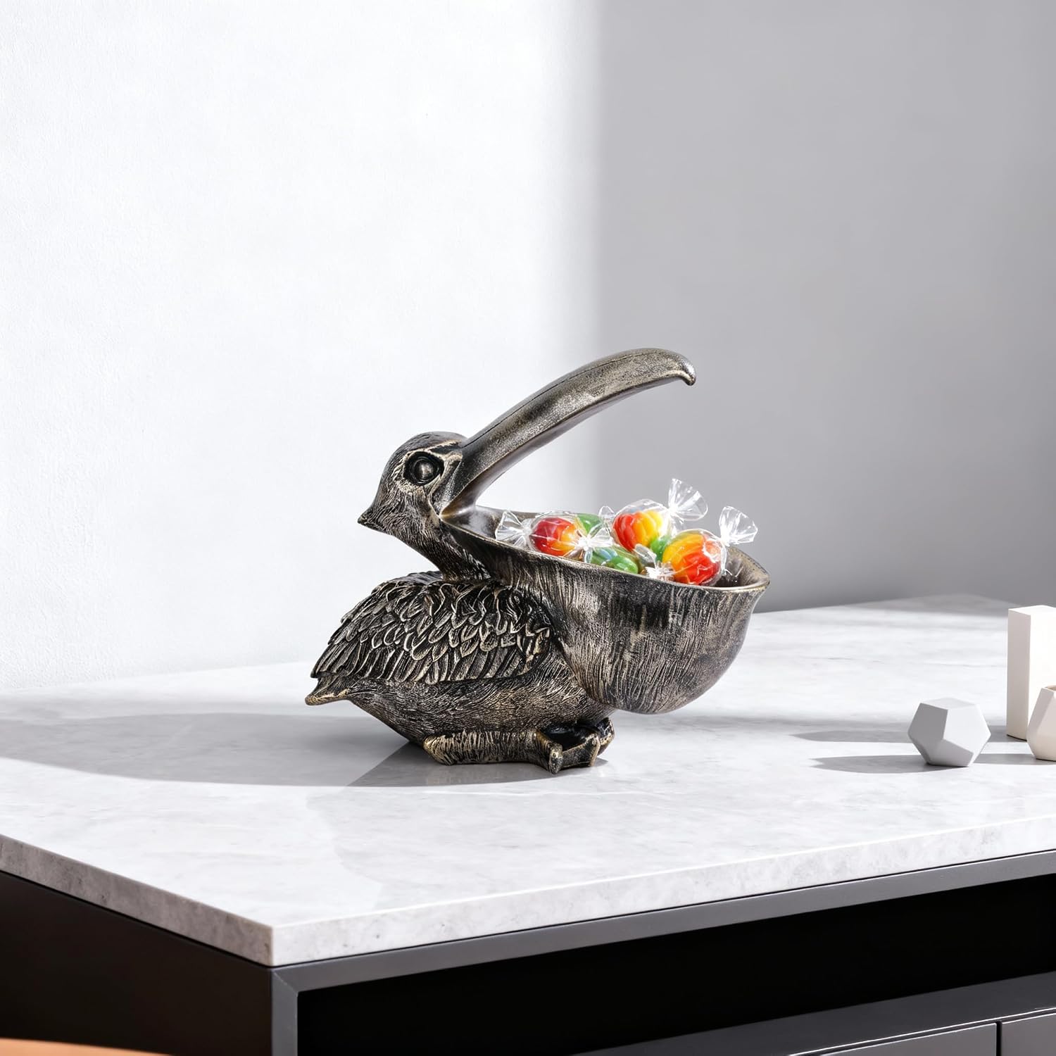 Pelican Key Holder Statues,Fun Animal Hippo Candy Dish,Candy Dish for Office Desk Unique,Modern Key Holder for Pelican Figurine,Suitability Desk bowl and Entry Table Decor Items (Bronze)