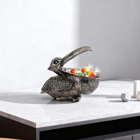 Pelican Key Holder Statues,Fun Animal Hippo Candy Dish,Candy Dish for Office Desk Unique,Modern Key Holder for Pelican Figurine,Suitability Desk bowl and Entry Table Decor Items (Bronze)