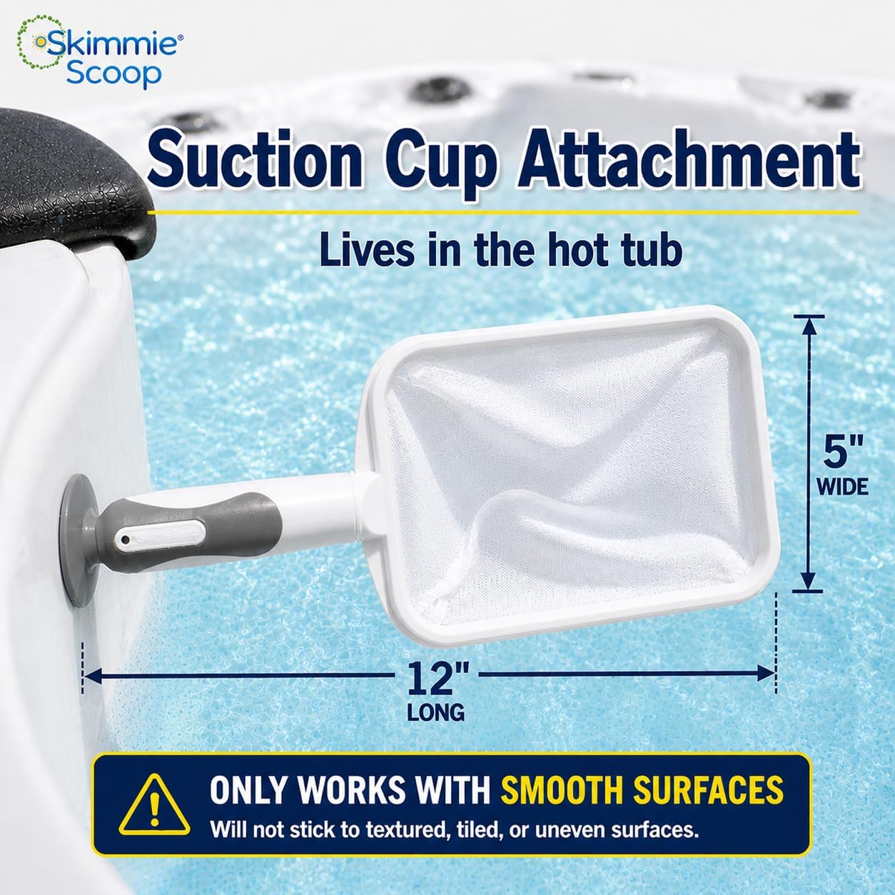 The Skimmie Scoop - Patented Handheld Skimmer with Fine Mesh Net for Spa, Hot Tub, Cold Plunge and Small Pool Cleaning - Lightweight and Durable with Powerful Suction Cup - Clean Out Filter (White)