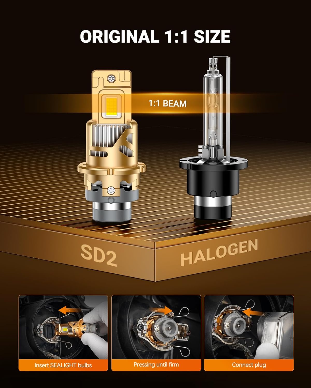 SEALIGHT D4S Bulbs 6500K Cool White Brighter 1:1 Mini Size Plug and Play HID Fog Lights Replacement, IP68 Waterproof 0.01s Instant Start Pack of 2