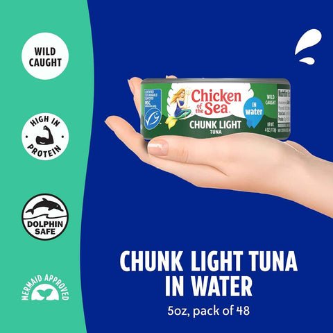 Chicken of the Sea Wild Caught Chunk Light Tuna, 5 Ounce Cans, 48-Count – High Protein 100% Classic Chunk Tuna in Water – Delicious, Easy, Nutritious Ready to Eat Meals