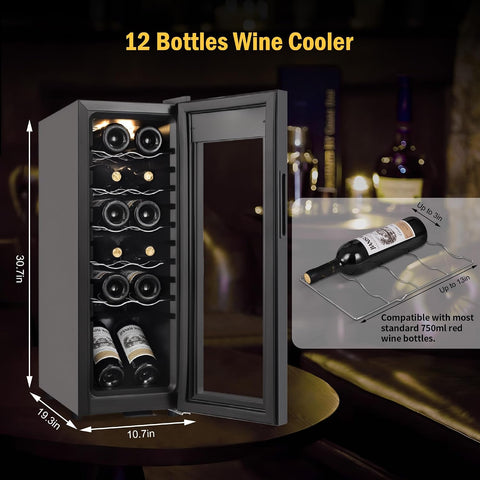 FoMup Wine Fridge 12 Bottles, Small Wine Cooler Refrigerator Freestanding with Digital Temperature Control Safety Lock, Frost Free for Red White Wine, Champagne