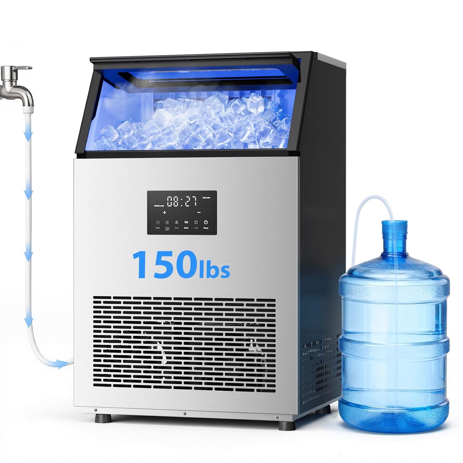 Commercial Ice Maker Machine, 150lbs/24H Stainless Steel Under Counter ice Machine with 55 Ice Cubes, Self-Priming Gallon Water& Facuet Water Inlet, Self Clean,45LB Storage Bin for Bar, Garage, Home