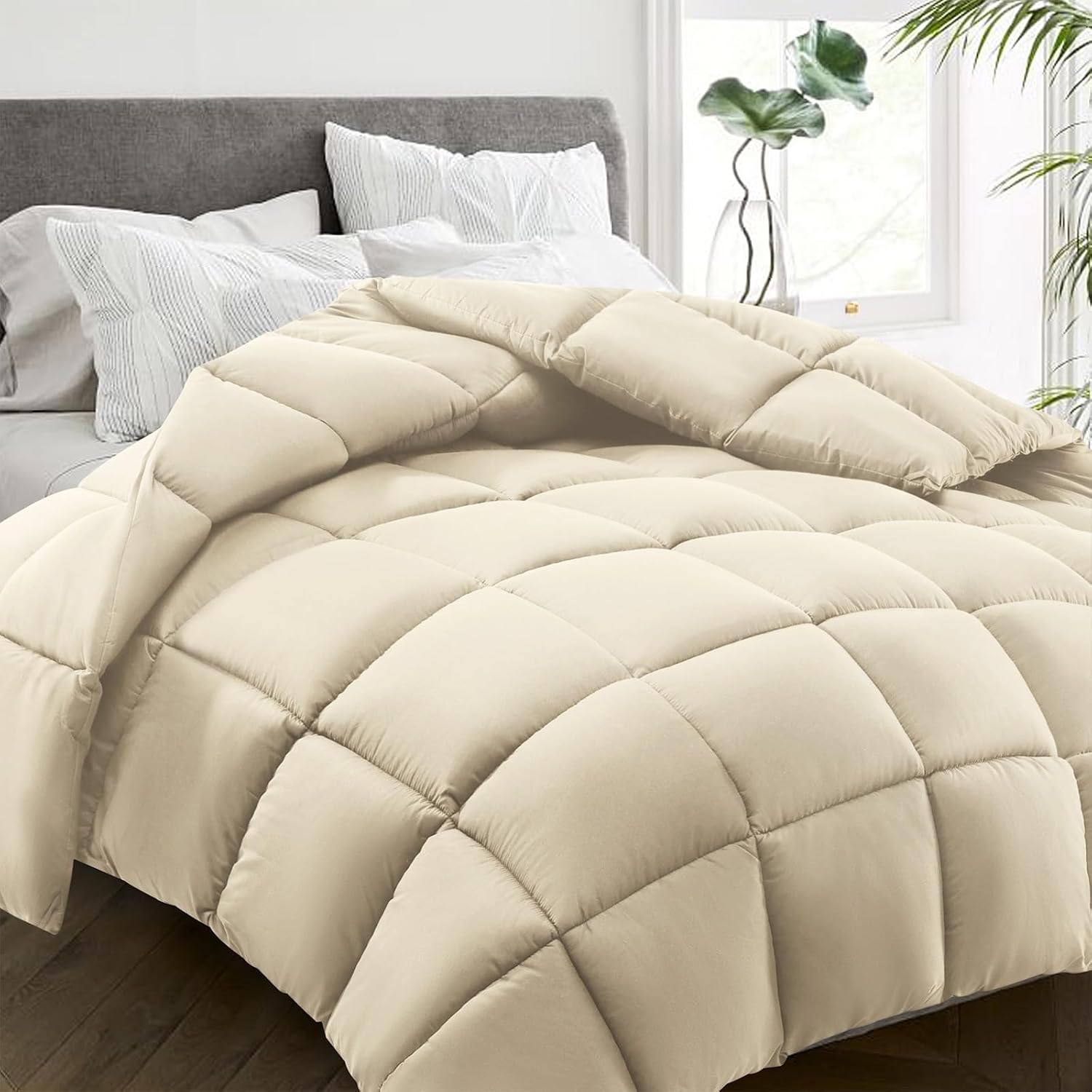HYLEORY All Season Twin Size Bed Comforter - Cooling Down Alternative Quilted Duvet Insert with Corner Tabs - Winter Warm - Machine Washable - Beige