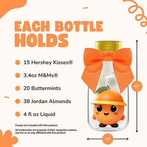 Ethisa Small 12 Pack Little Cutie Baby Shower Party Favors - Candy Jars with Ribbons and Stickers - DIY Party Decoration Bottles for Little Cutie is on the Way Gender Reveal - Orange Table Centerpiece