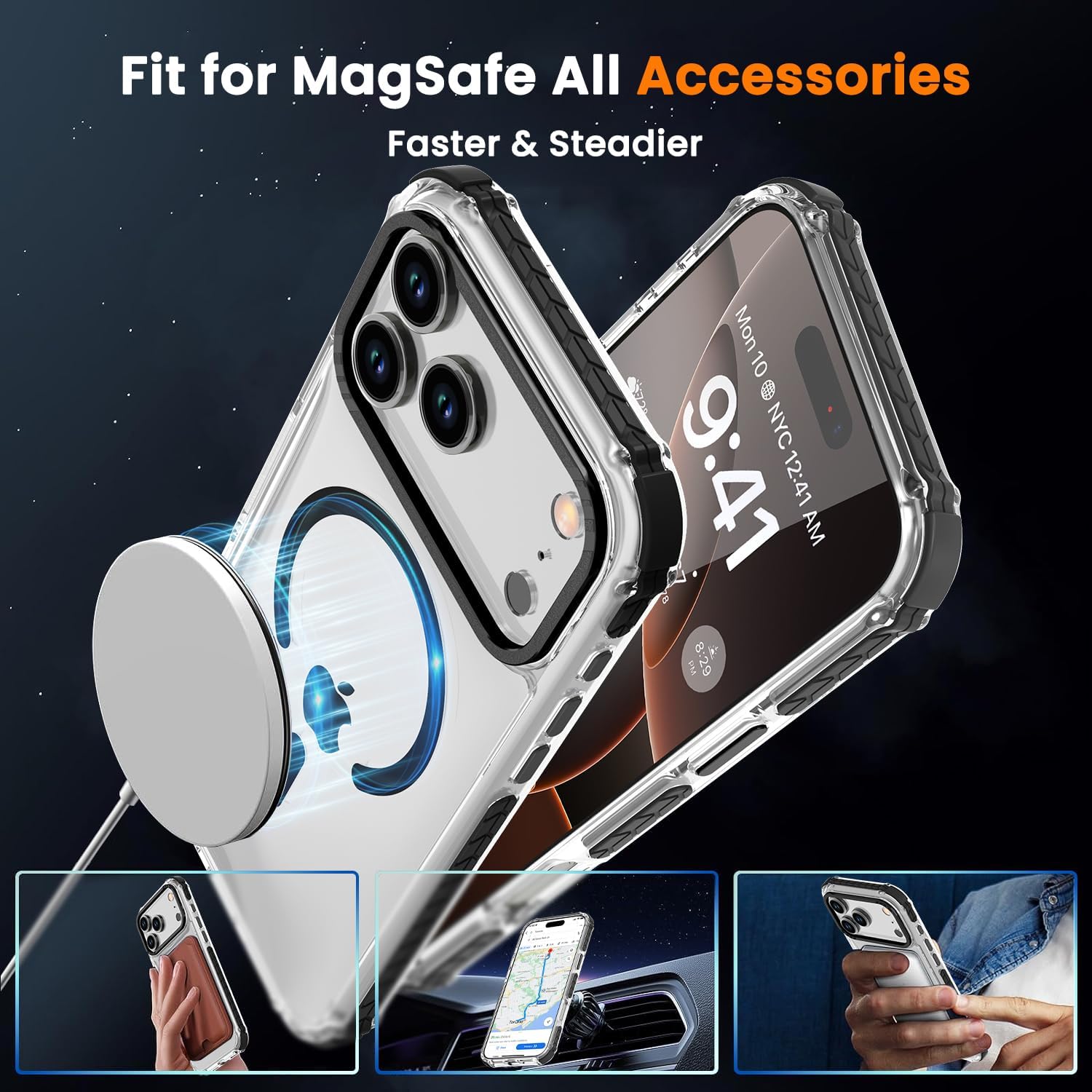 DEERLAMN Strong Magnetic Case for iPhone 17 Pro Max 6.9-Inch, [Compatible with Magsafe][Military Grade Drop Protection] Clear Slim Shockproof Protective Phone Cover-Transparent+Black