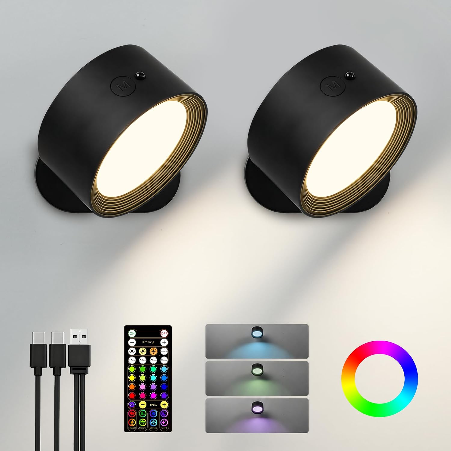 LED Wall Mounted Lights, Rechargeable Wall Sconces, 3 Color Temps, Remote & Touch, 360° Rotating and Dimmable for Bedroom, Bedside & Reading (Black-RGB, 2 Pack)