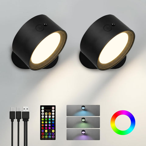 LED Wall Mounted Lights, Rechargeable Wall Sconces, 3 Color Temps, Remote & Touch, 360° Rotating and Dimmable for Bedroom, Bedside & Reading (Black-RGB, 2 Pack)