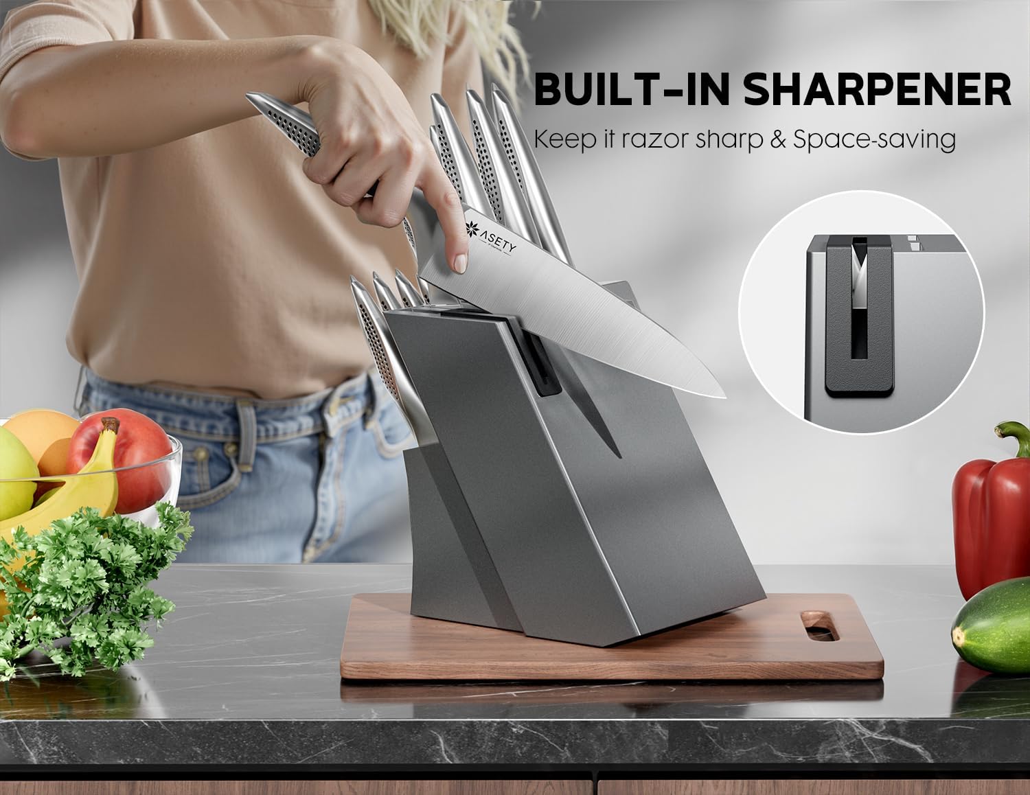 ASETY Knife Block Set, 15 PCS Knives Set for Kitchen, Stainless Steel