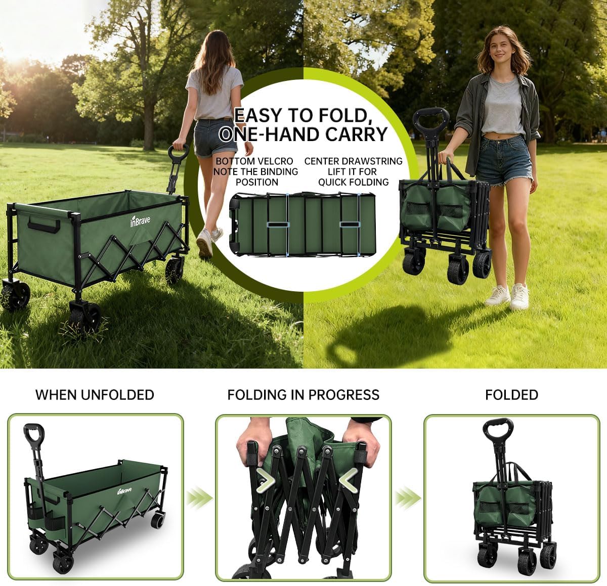 34" Extra Long Collapsible Wagon Cart, 480LBS Capacity, Army Green