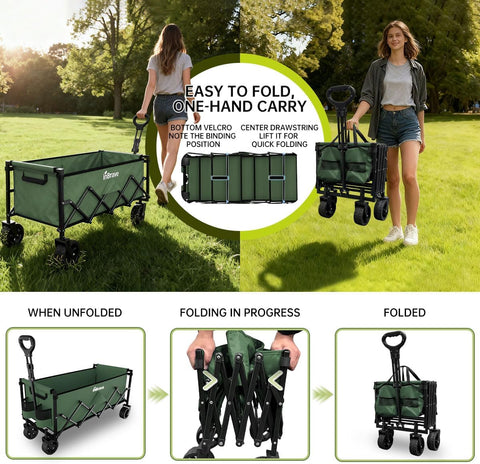 34" Extra Long Collapsible Wagon Cart, 480LBS Capacity, Army Green