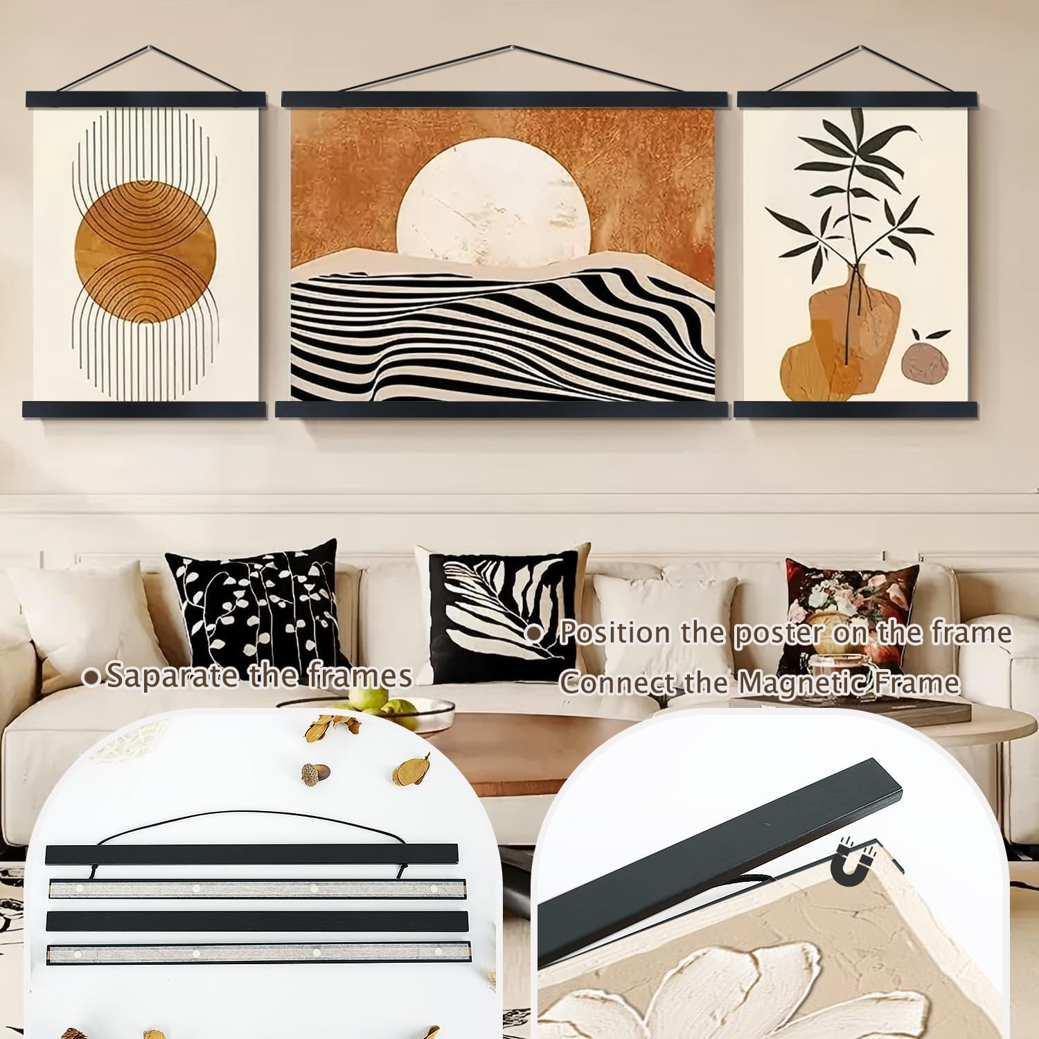 Artmag Magnetic Poster Hanger Frame, 27x40 27x41 27x32 Light Wood Wooden Magnet Canvas Artwork Print Poster Hangers Frames Hanging Kit (Black, 27")