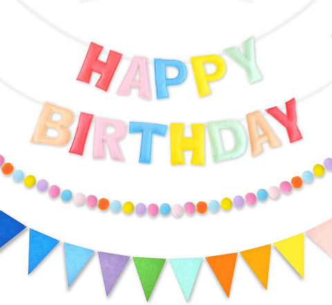 CANREVEL 3 PCS Pre-Strung 3D Happy Birthday Banner Decorations, Pastel