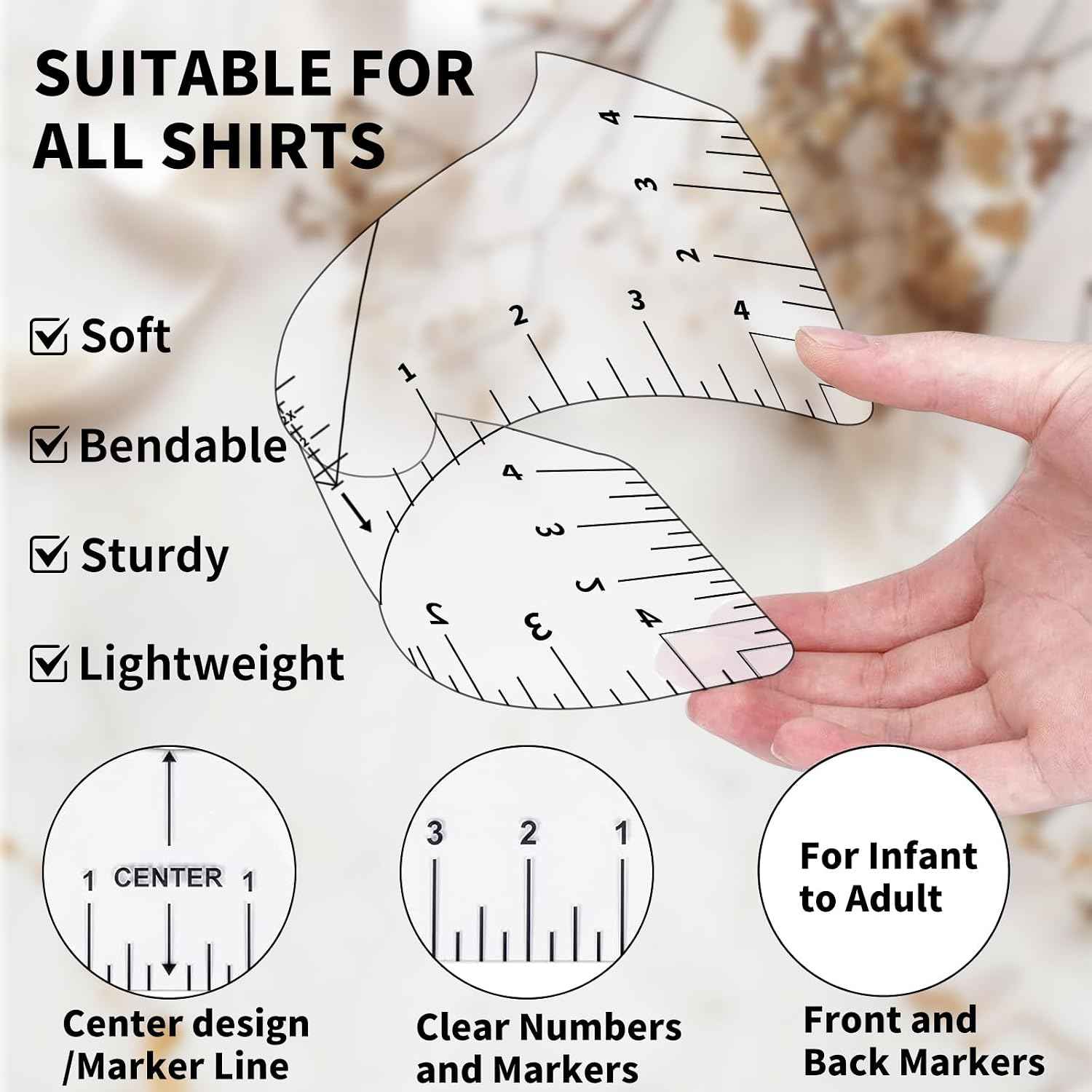 Tshirt Ruler Guide for Vinyl Alignment, T Shirt Rulers to Center Designs, PVC Measurement Template, Craft Sewing Supplies Accessories Tools for Cricut Heat Press & Cameo & HTV Transfer Vinyl
