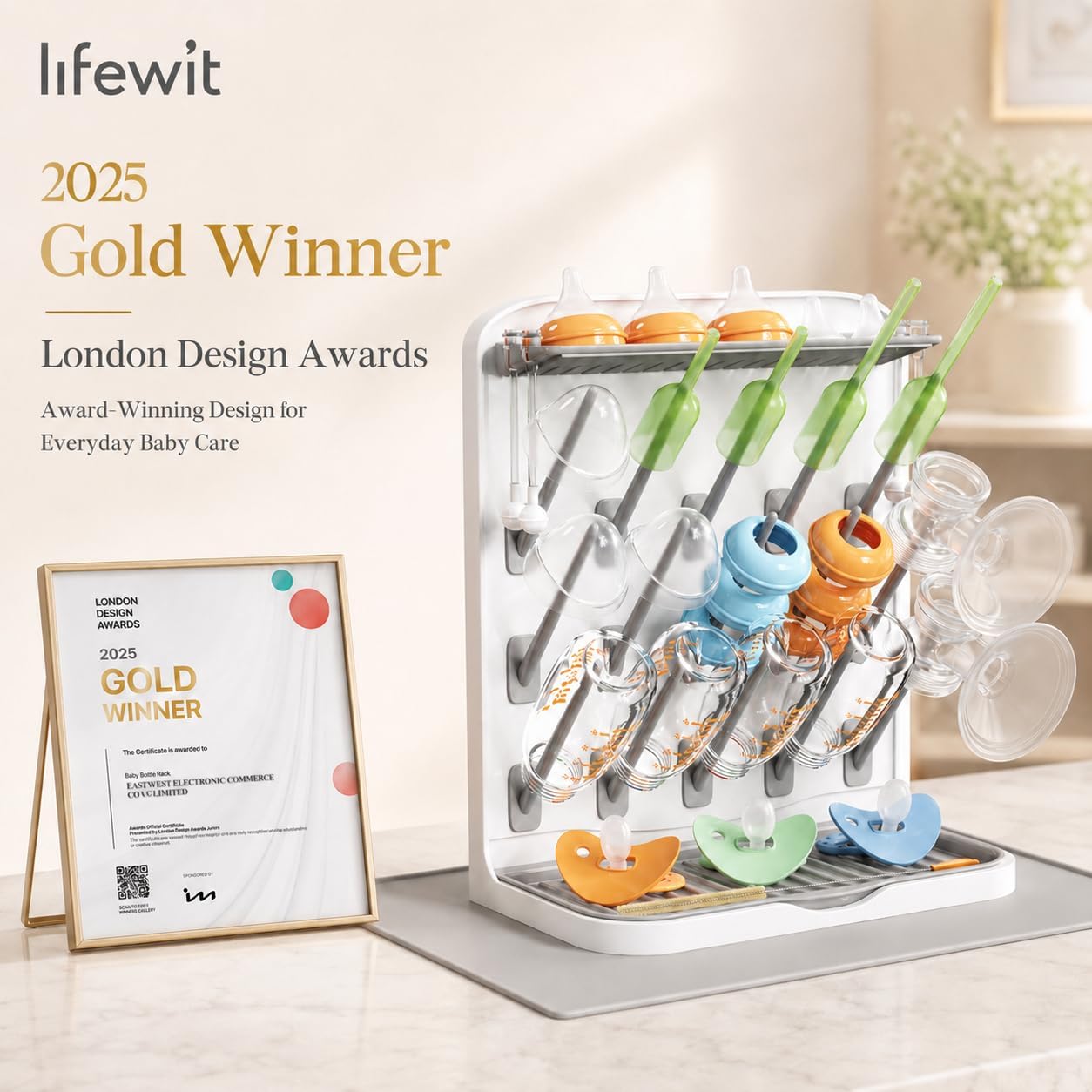 Lifewit 15-Hooks Baby Bottle Drying Rack with Drain Mat for Countertop